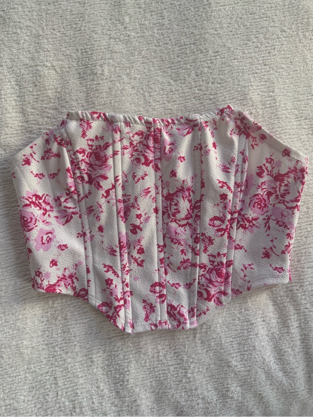 White Strapless Corset Top with Pink Rose Motif